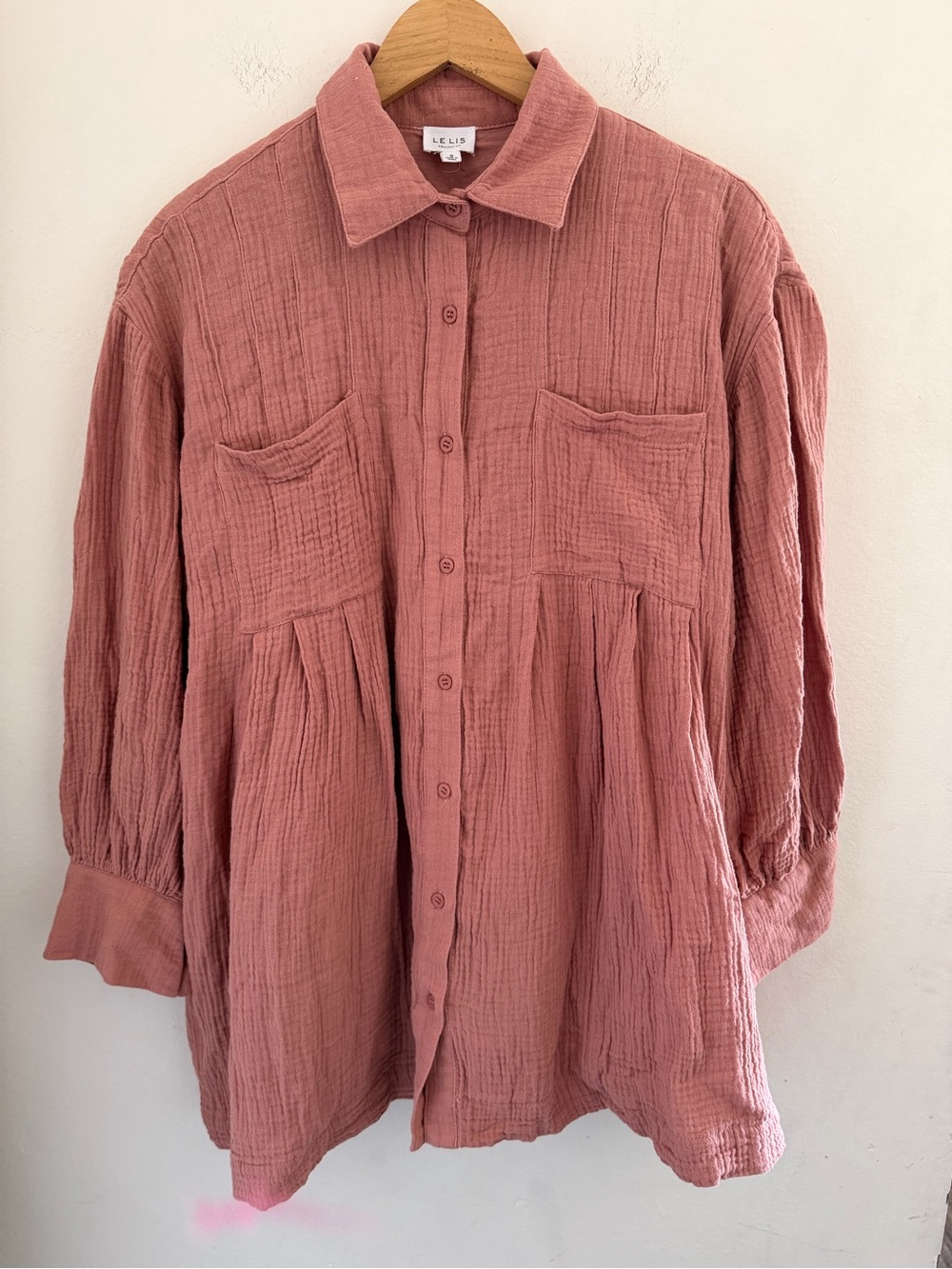 Le Lis Collection Dusty Rose Cotton Double Gauze Button Front Tunic Blouse Small